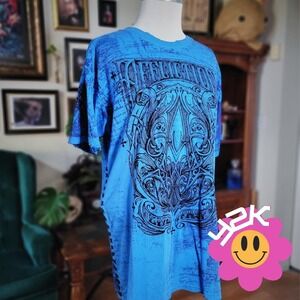 Affliction Blue T-Shirt Mens Vintage Y2K 2000s Distressed Graphic Tribal Tee XL